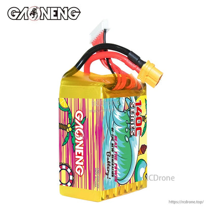 Side view showing GAONENG branding and wrap design with top-mounted leads and XT60 connector