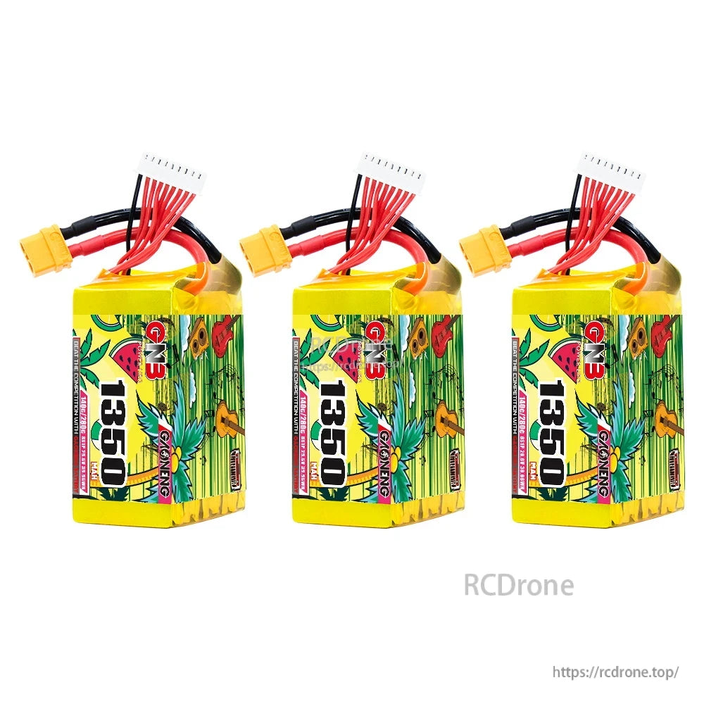 Three GNB 1350mAh batteries shown side by side with XT60 connectors and balance leads