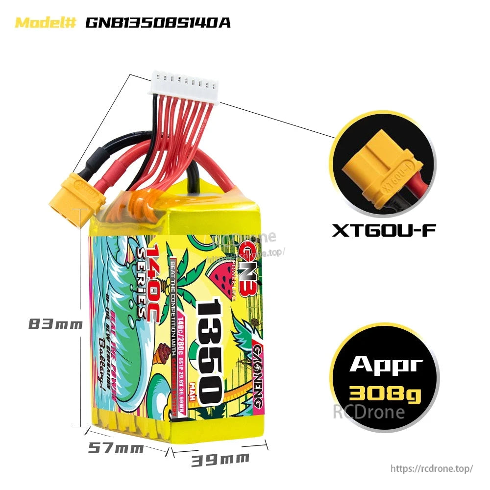 Battery dimensions 83×57×39 mm with XT60U-F connector close-up and approx 306g weight callout