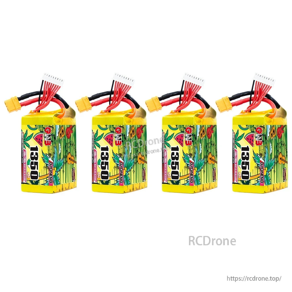Four GNB 1350mAh batteries lineup with XT60 leads and white balance connectors