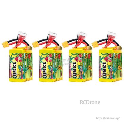 Four GNB 1350mAh batteries lineup with XT60 leads and white balance connectors