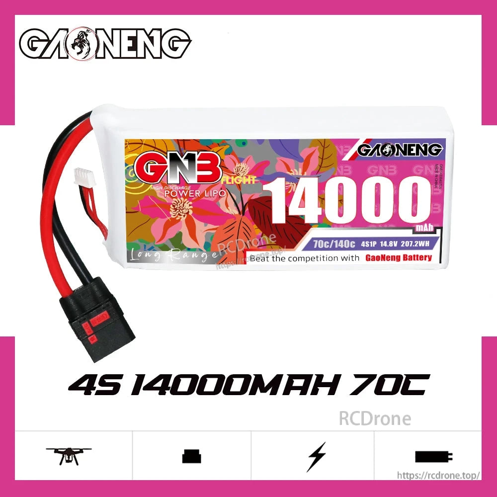 GAONENG GNB 4S 14000mAh 70C LiPo battery banner graphic showing pack and key specs