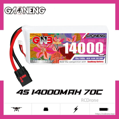 GAONENG GNB 4S 14000mAh 70C LiPo battery banner graphic showing pack and key specs