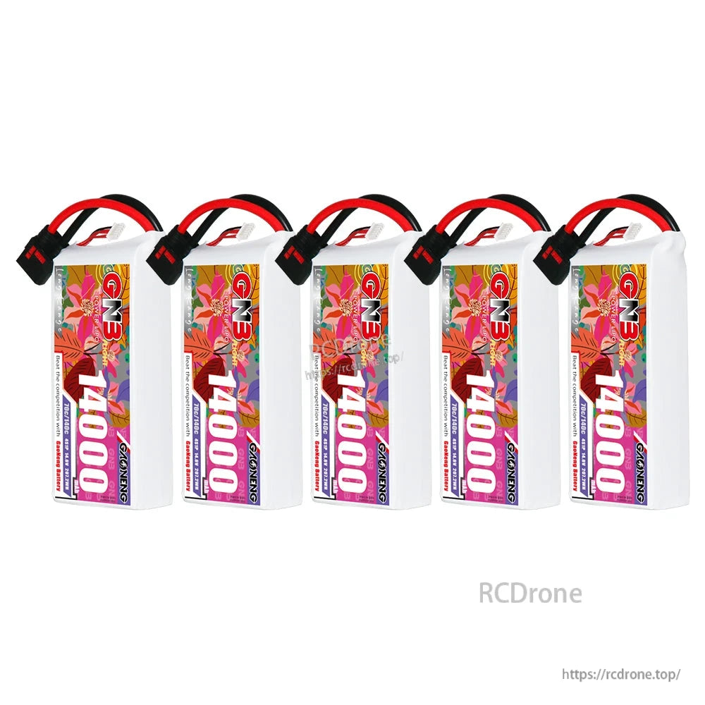 Five GAONENG GNB 14000mAh LiPo batteries with QS8 connectors, bulk pack lineup