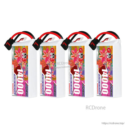 Four GAONENG GNB 14000mAh LiPo batteries with QS8 connectors lined up on white background