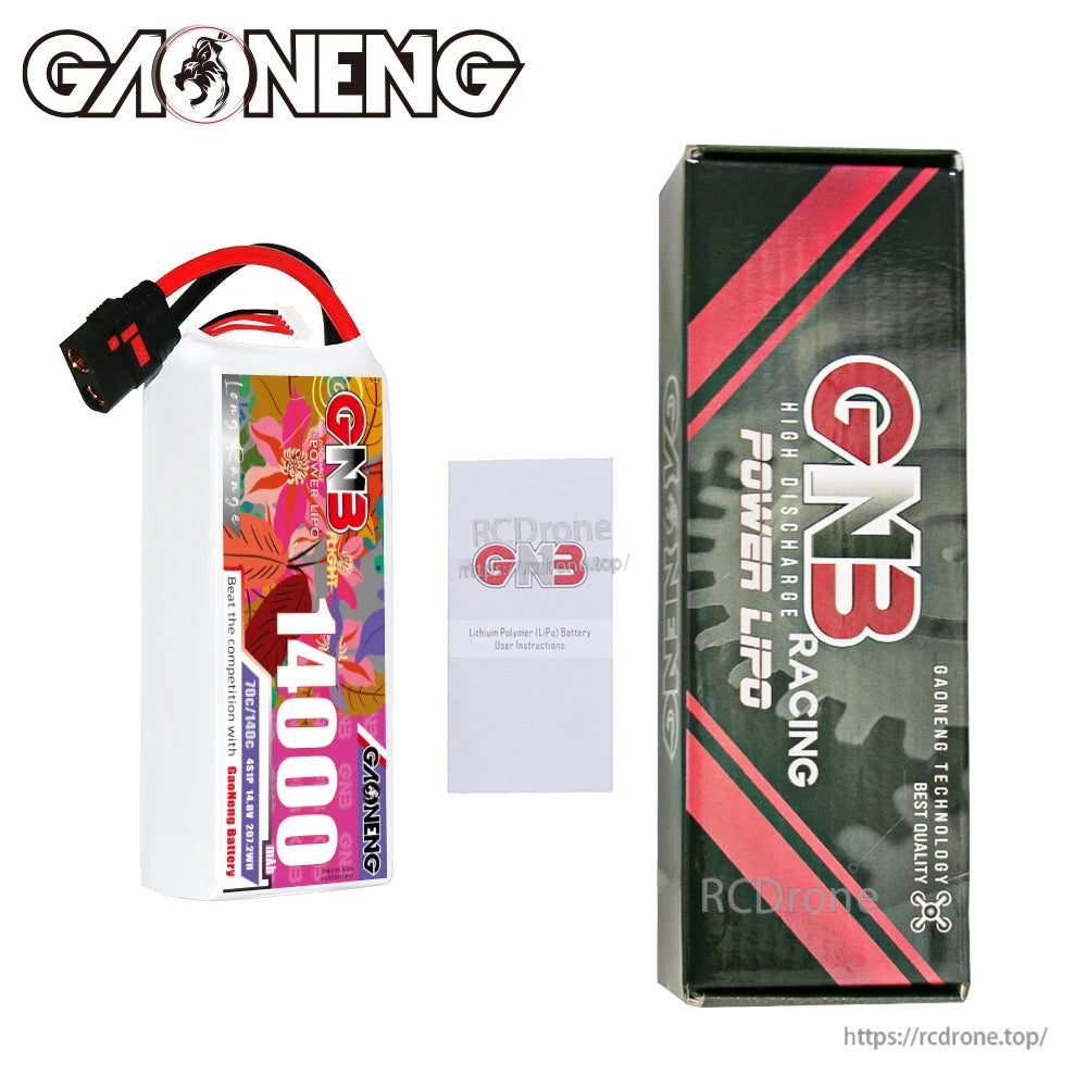 Package contents: GAONENG GNB 14000mAh battery, retail box, and instruction leaflet
