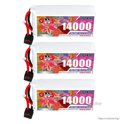 Three GNB 14000mAh packs stacked horizontally, each with QS8 connector and balance lead