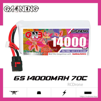 GNB 6S 14000mAh 70C LiPo battery label close view with GAONENG branding and specs panel