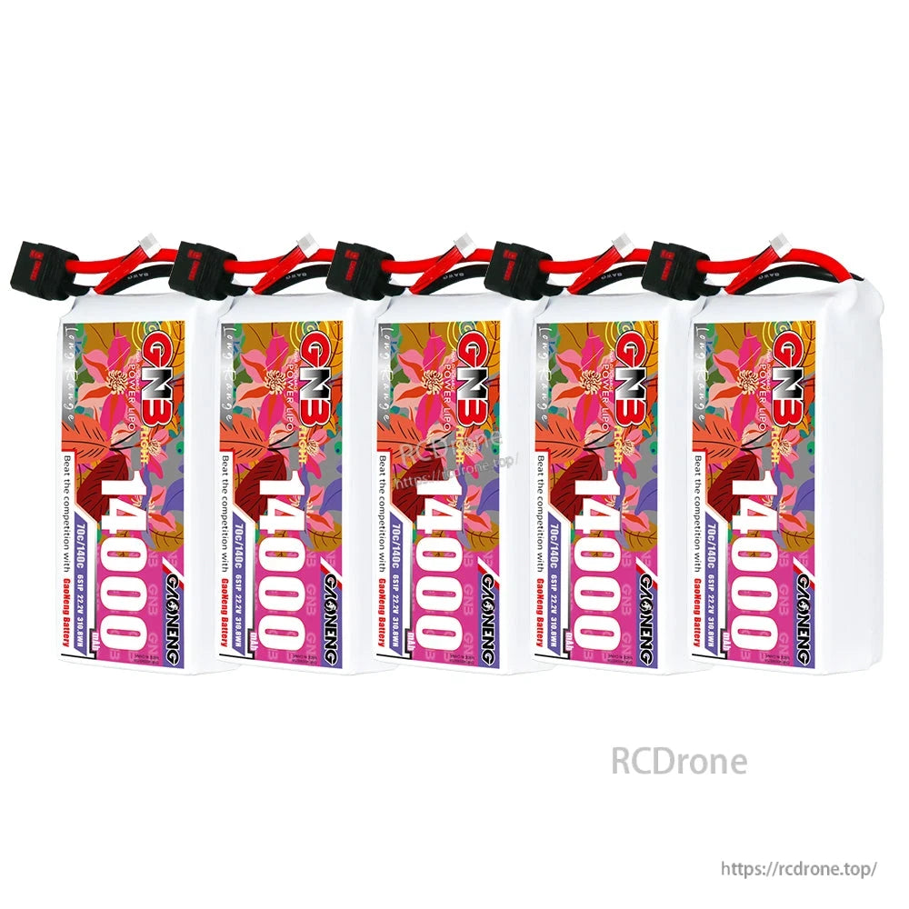 Five GNB 14000mAh LiPo battery packs lined up in a row with QS8 plugs