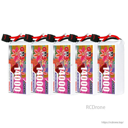 Five GNB 14000mAh LiPo battery packs lined up in a row with QS8 plugs