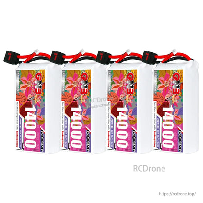 Four GNB 14000mAh battery packs lined up with QS8 connectors on top