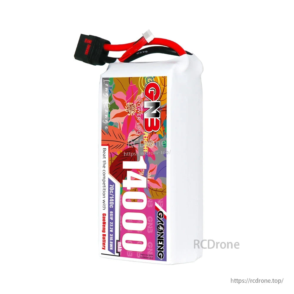 Angled side view of GAONENG GNB 14000mAh battery showing wire routing and QS8 plug
