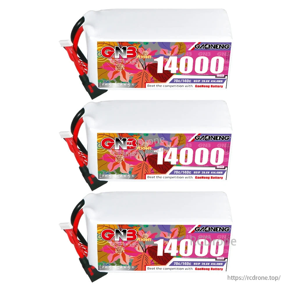 Stack of three GNB 14000 batteries showing label side and lead orientation