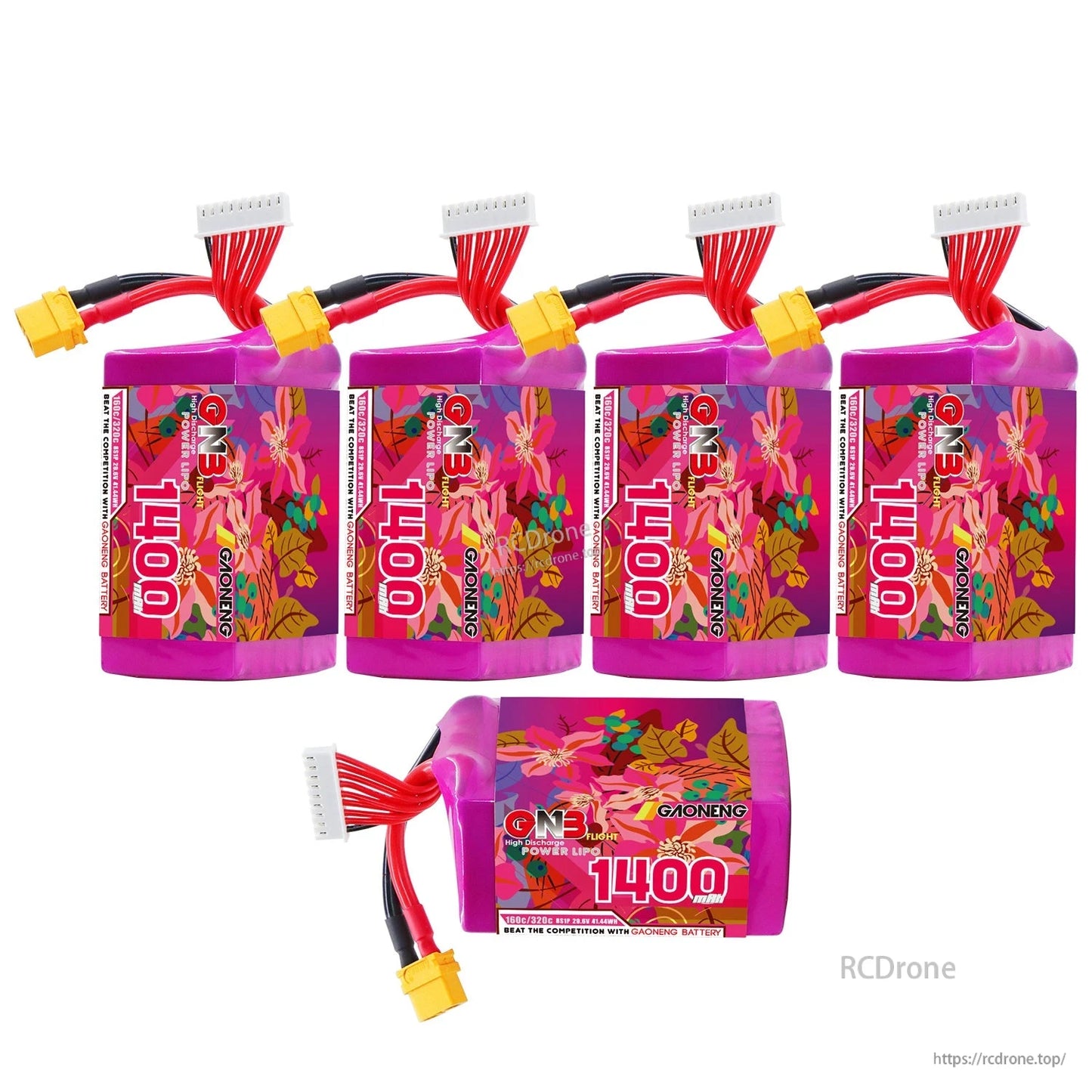 Multi-pack set: four upright GNB 1400 packs plus one additional battery shown horizontally with XT60