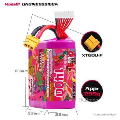 GNB14008S160A battery size and connector diagram, shows XT60U-F plug and approx 299g weight