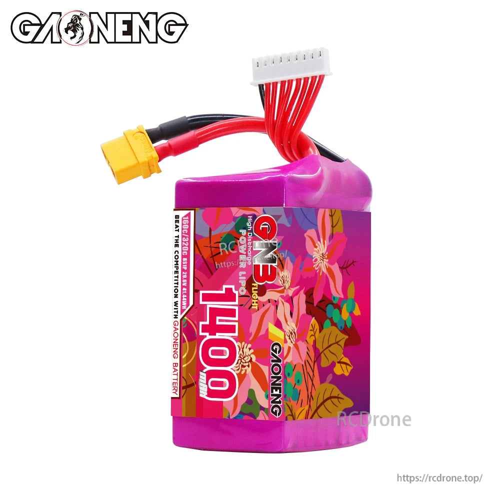 Side view of GAONENG GNB 1400mAh pack showing wiring exit, XT60 lead, and balance plug