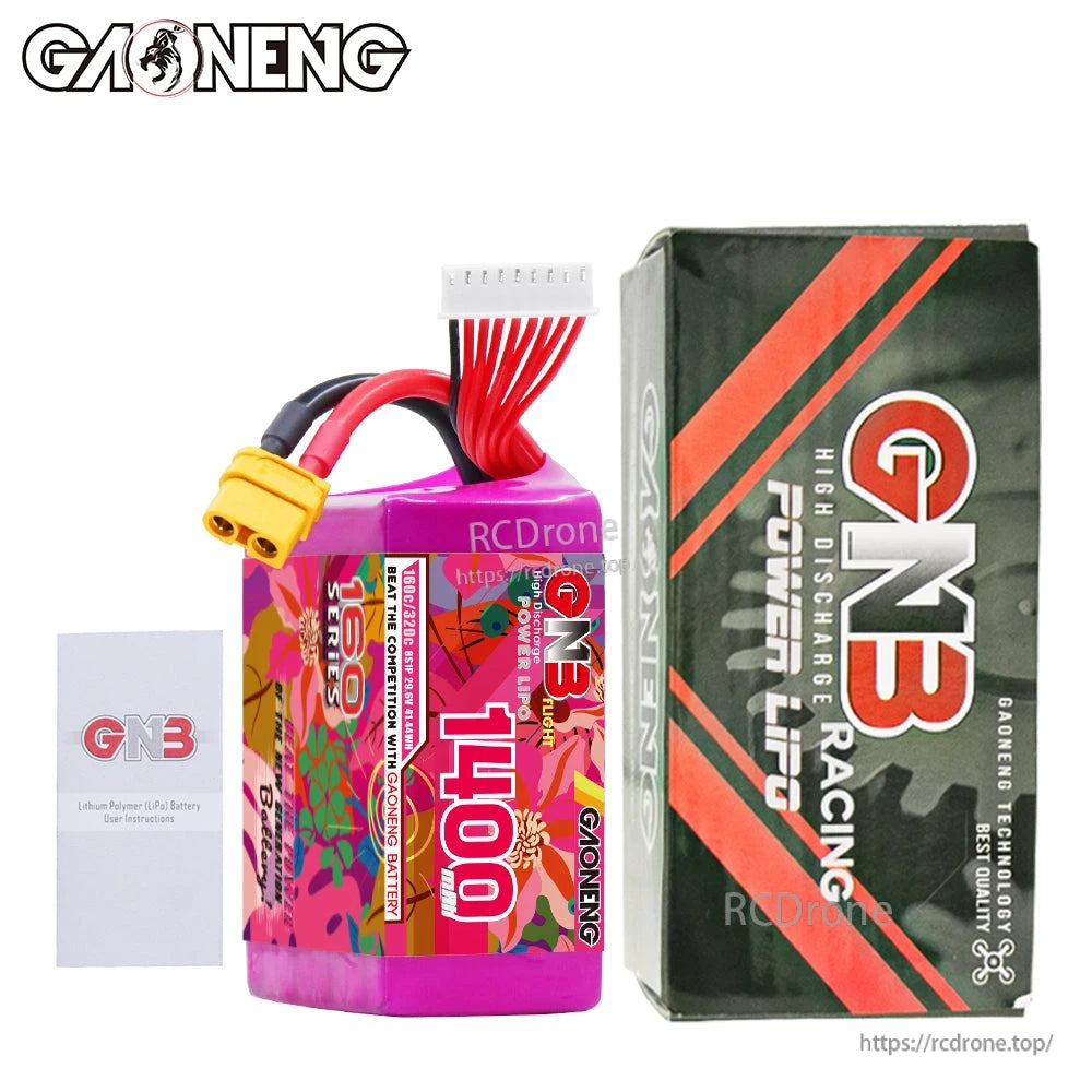 Package contents: GNB 1400 battery pack shown with retail box and small paper insert