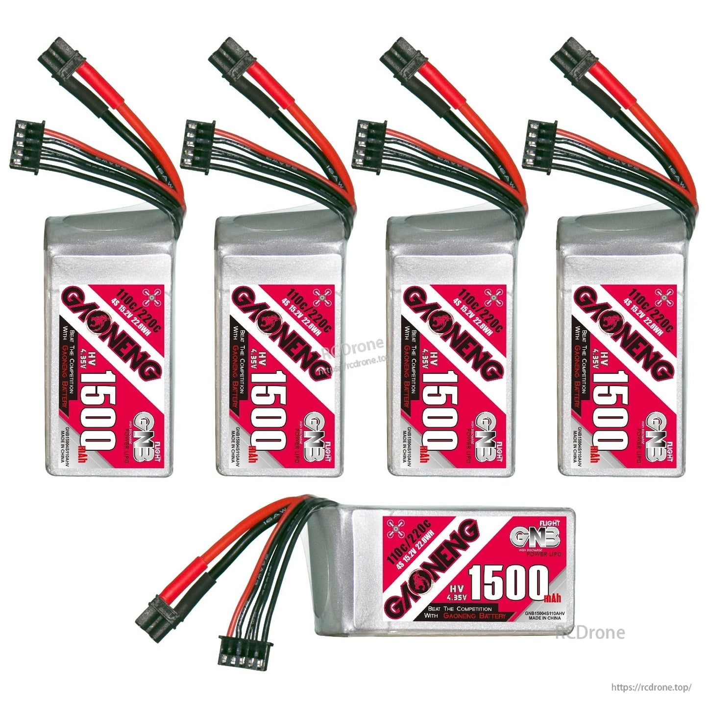 Five-view collage of GNB 1500mAh battery showing multiple angles, XT30 connector and balance plug