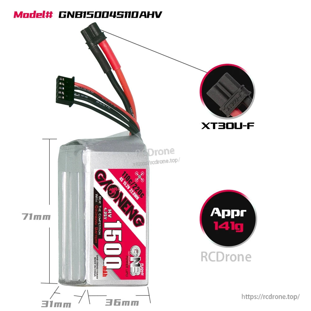 GNB15004S110AHV battery size diagram (71×36×31mm) with XT30U-F connector and approx 141g weight