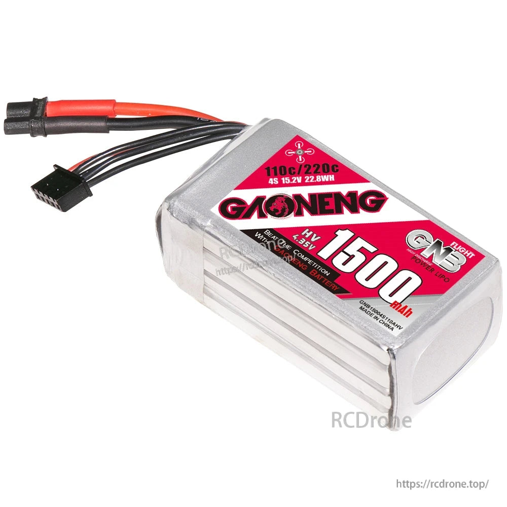 Angled view of GNB 1500mAh pack showing label and stacked cell profile, XT30 and balance lead visible