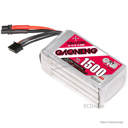 Angled view of GNB 1500mAh pack showing label and stacked cell profile, XT30 and balance lead visible