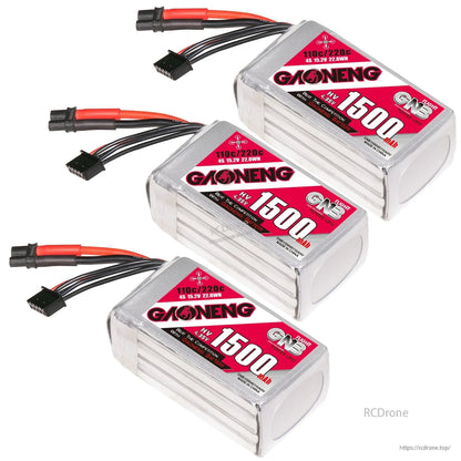 Three GNB 1500mAh LiHV batteries shown together, each with XT30 lead and balance plug