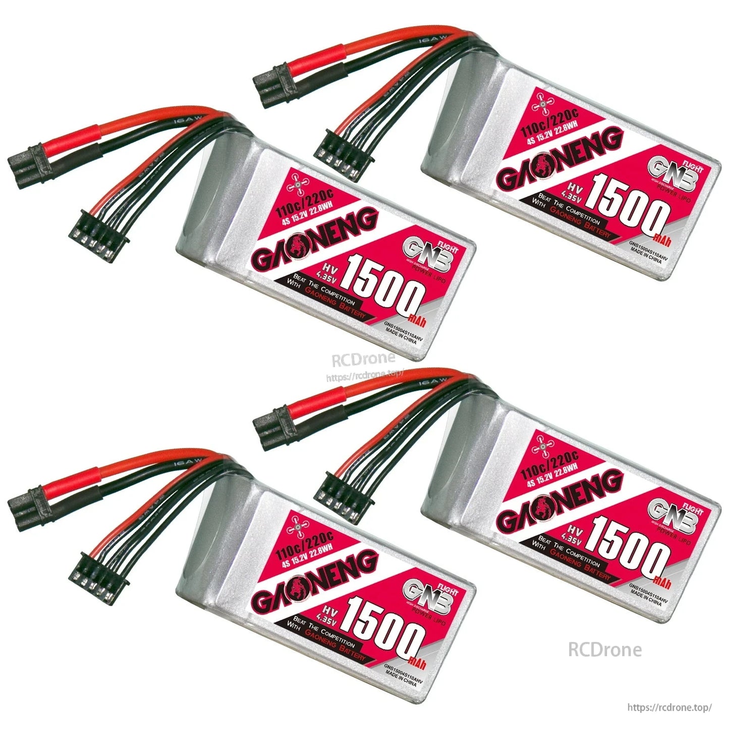 Four GAONENG GNB 1500mAh LiHV batteries displayed, labels visible with XT30 leads attached