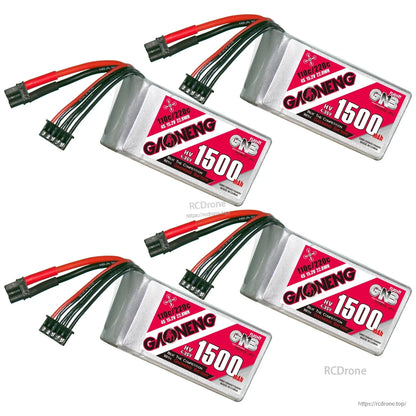 Four GAONENG GNB 1500mAh LiHV batteries displayed, labels visible with XT30 leads attached