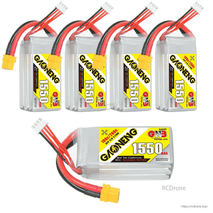Bundle display with five GAONENG GNB 1550mAh 3S LiPo batteries, four upright plus one horizontal
