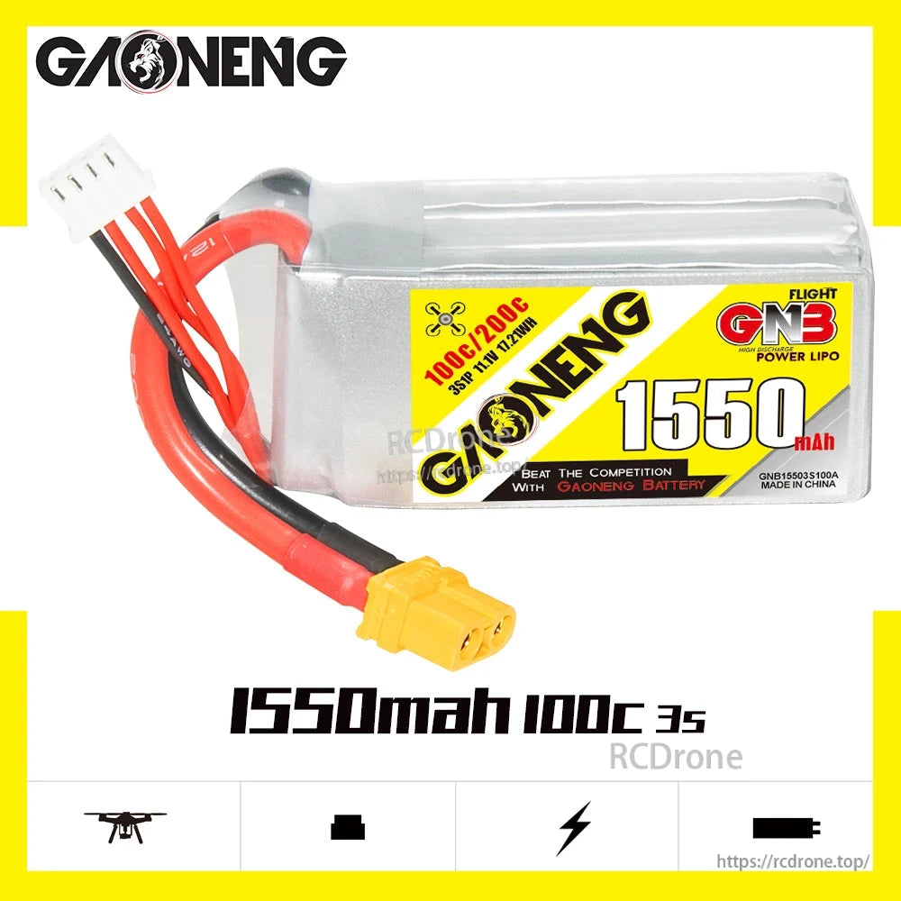 GAONENG GNB 1550mAh 100C 3S battery product graphic with XT60 connector and balance plug