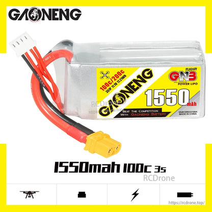 GAONENG GNB 1550mAh 100C 3S battery product graphic with XT60 connector and balance plug
