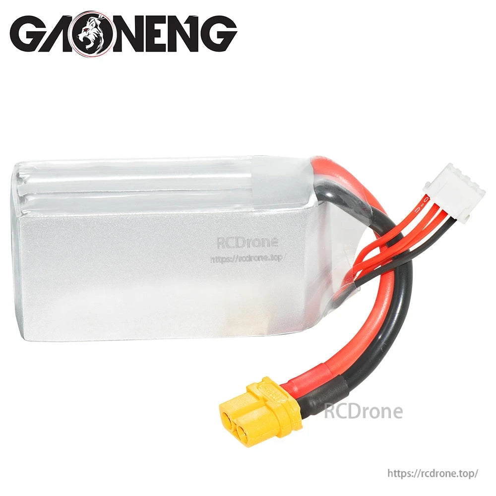 Side/back view of GAONENG LiPo battery showing silver wrap, XT60 power lead and white balance plug