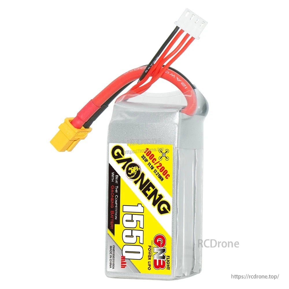 Single GAONENG GNB 1550mAh 3S LiPo battery upright view with XT60 lead routed over top