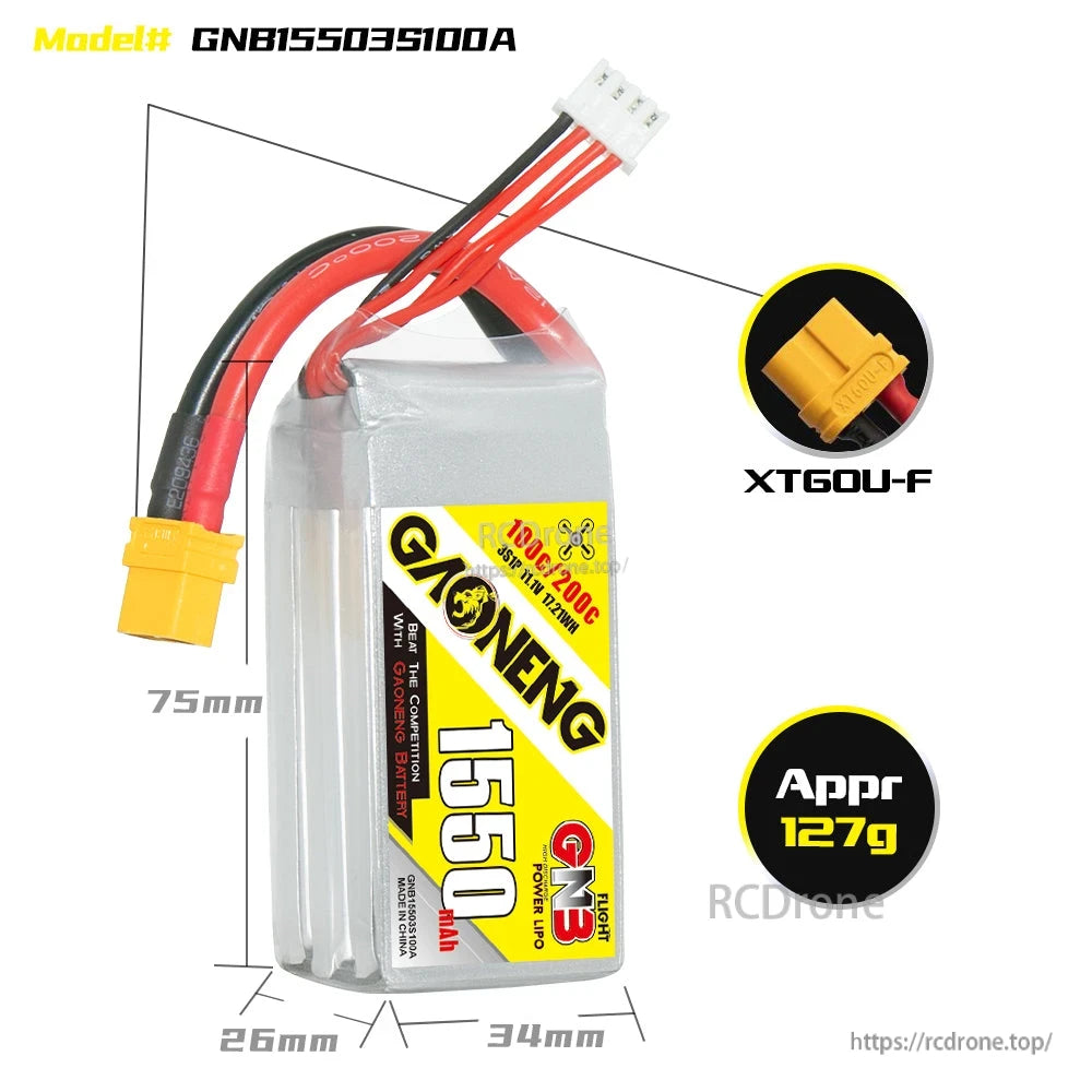 GNB15503S100A battery size and weight diagram: 75×34×26mm, XT60U-F connector, approx 127g