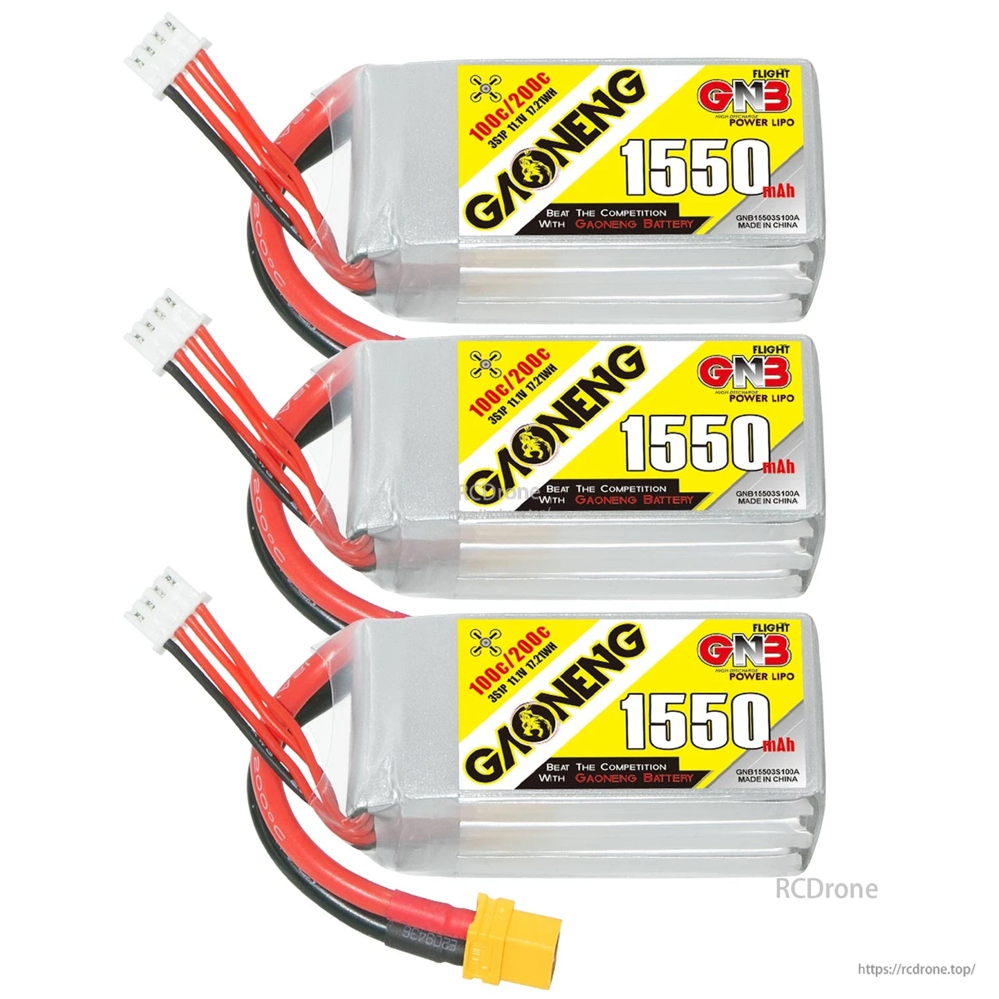Three GAONENG GNB 1550mAh 3S LiPo batteries shown stacked horizontally with leads