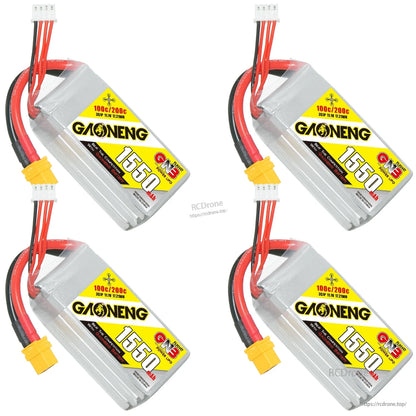 Four GAONENG 1550mAh 3S LiPo batteries arranged diagonally, showing label and XT60 leads