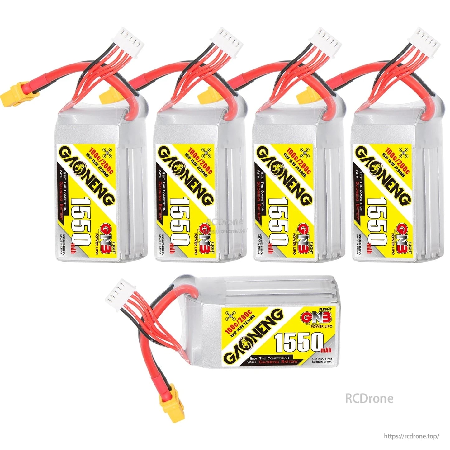 Five GAONENG GNB 1550mAh LiPo batteries in mixed orientations showing labels and connectors