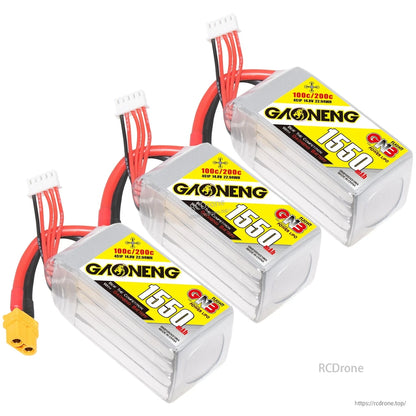 Three GAONENG GNB 1550mAh LiPo batteries shown at an angle with XT60 leads and balance plugs