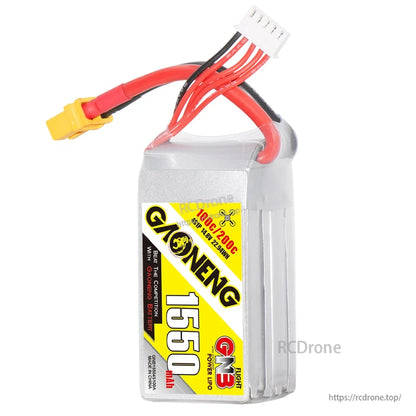 GAONENG GNB1550 battery upright front label view with red/black leads and balance plug
