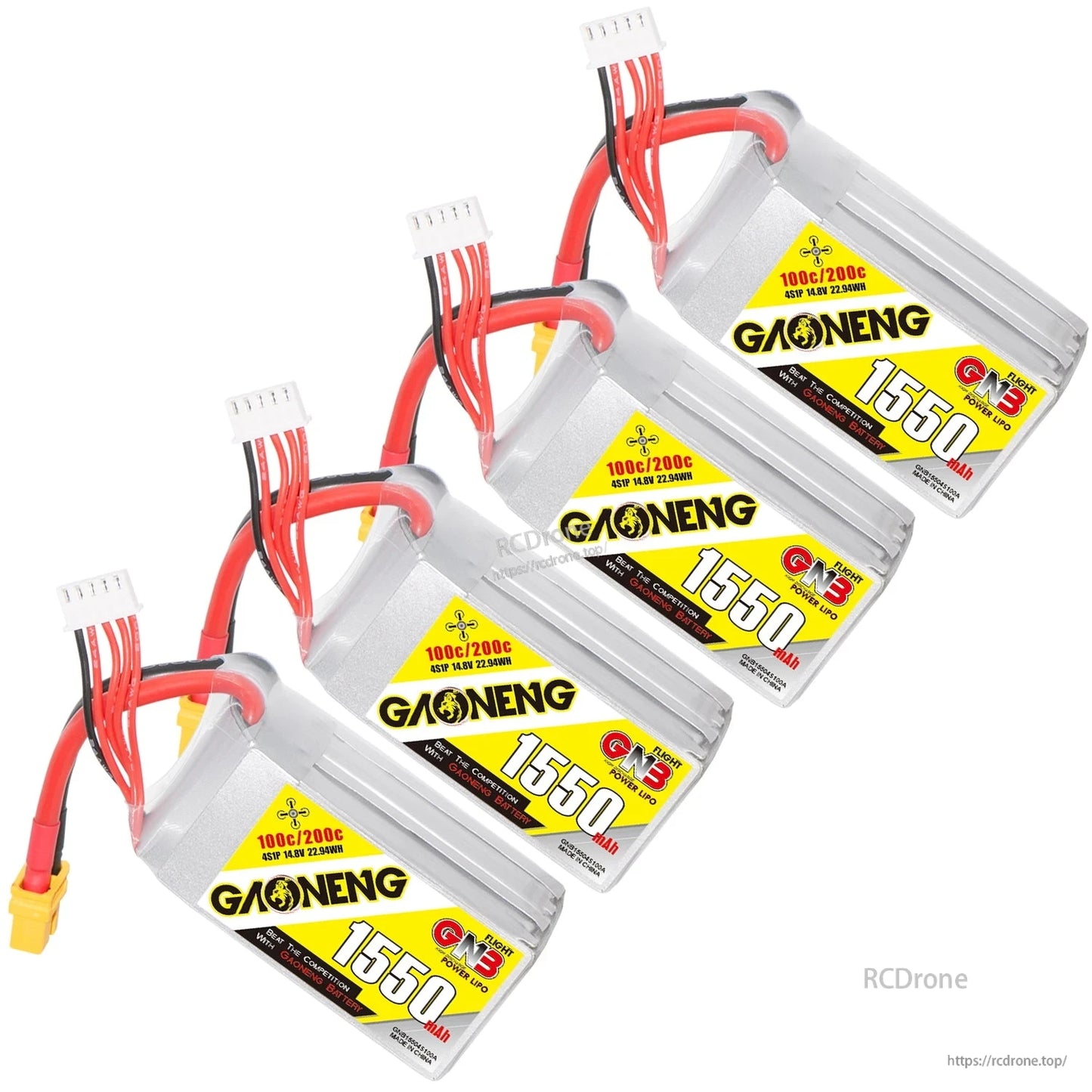 Four GAONENG GNB 1550mAh batteries arranged diagonally, showing labels and wiring