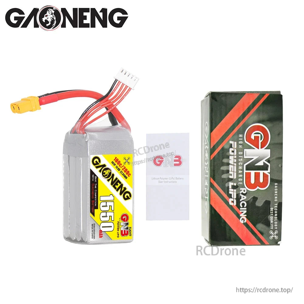 Package contents: GNB 1550mAh battery, GNB retail box, and instruction card