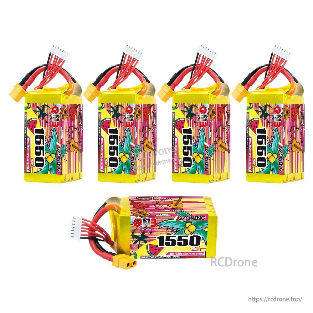 Set display of five GNB 1550mAh LiPo batteries—four upright plus one horizontal showing label and XT60
