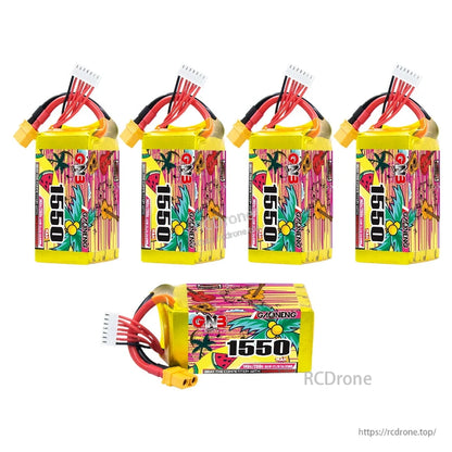 Set display of five GNB 1550mAh LiPo batteries—four upright plus one horizontal showing label and XT60
