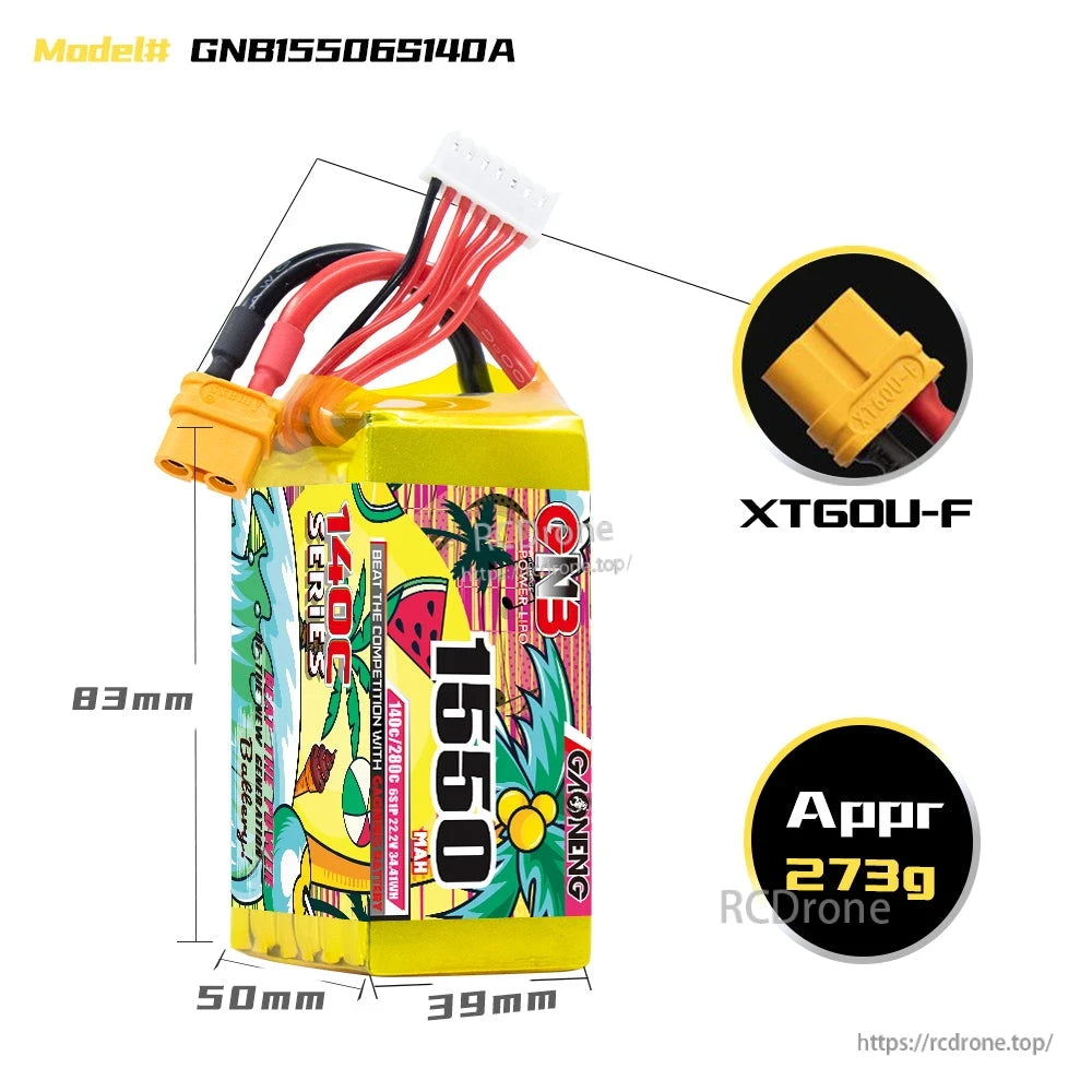 GNB15506S140A battery dimensions diagram with XT60U-F connector close-up and approx weight 273g