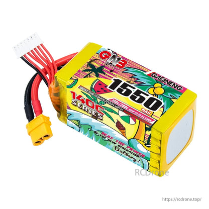 Angled top view of GNB 1550mAh 140C series battery showing label, XT60 connector and wiring