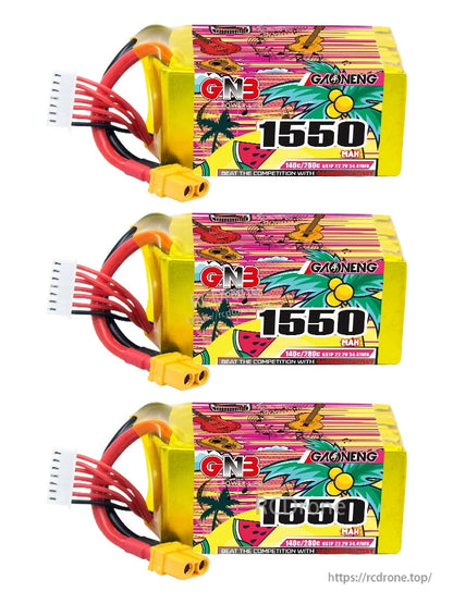 Three GNB 1550mAh LiPo batteries shown stacked horizontally with XT60 connectors and balance leads