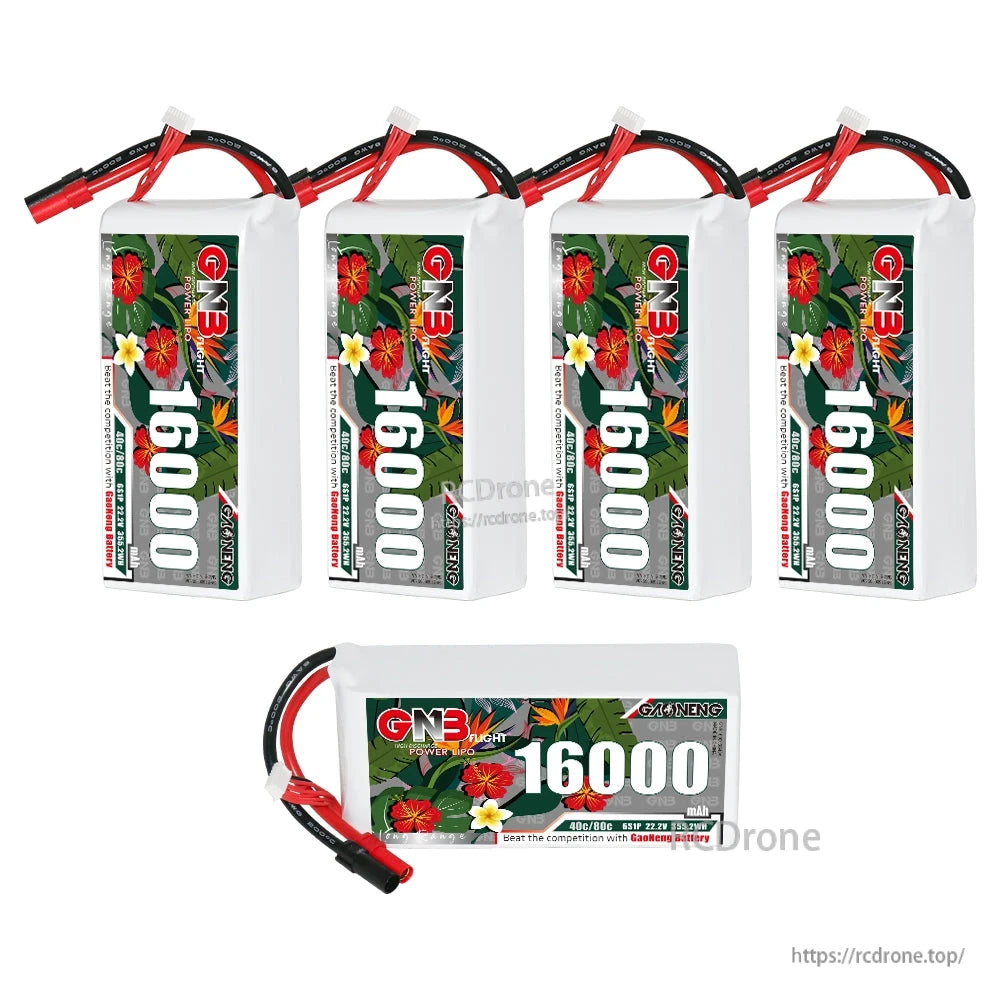 Set of five 16000mAh LiPo batteries shown: four upright and one horizontal front view