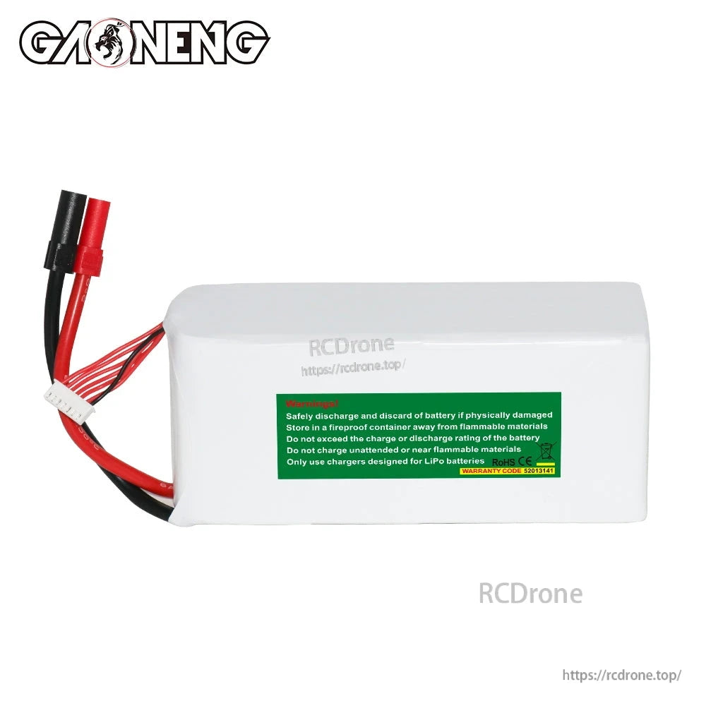 Rear side of GAONENG LiPo battery showing safety warning label and balance/power leads