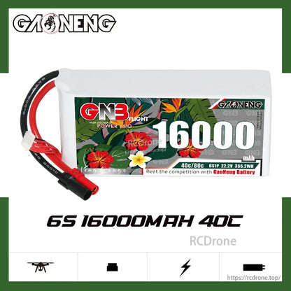 GAONENG GNB 6S 16000mAh 40C LiPo battery graphic with UAV icons and product front view