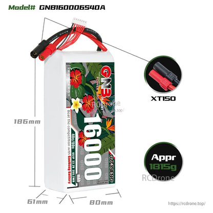 GNB160006S40A battery dimensions diagram with XT150 connector close-up and approx weight 1859g
